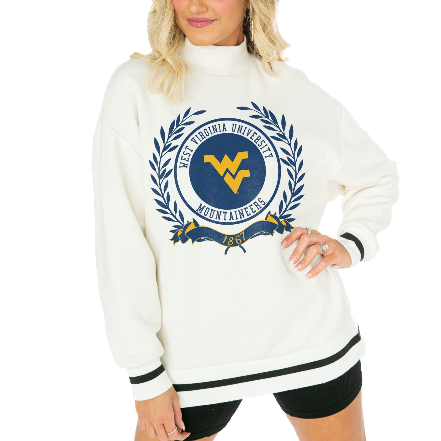 Women's Gameday Couture  White West Virginia Mountaineers Mock Neck Power Play Pullover Sweatshirt