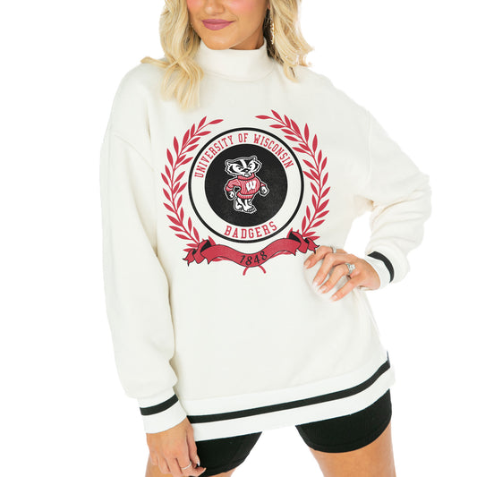 Women's Gameday Couture  White Wisconsin Badgers Mock Neck Power Play Pullover Sweatshirt