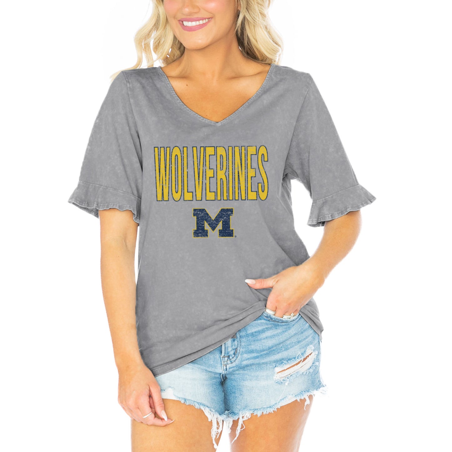 Women's Gameday Couture  Gray Michigan Wolverines Class Act V-Neck T-Shirt