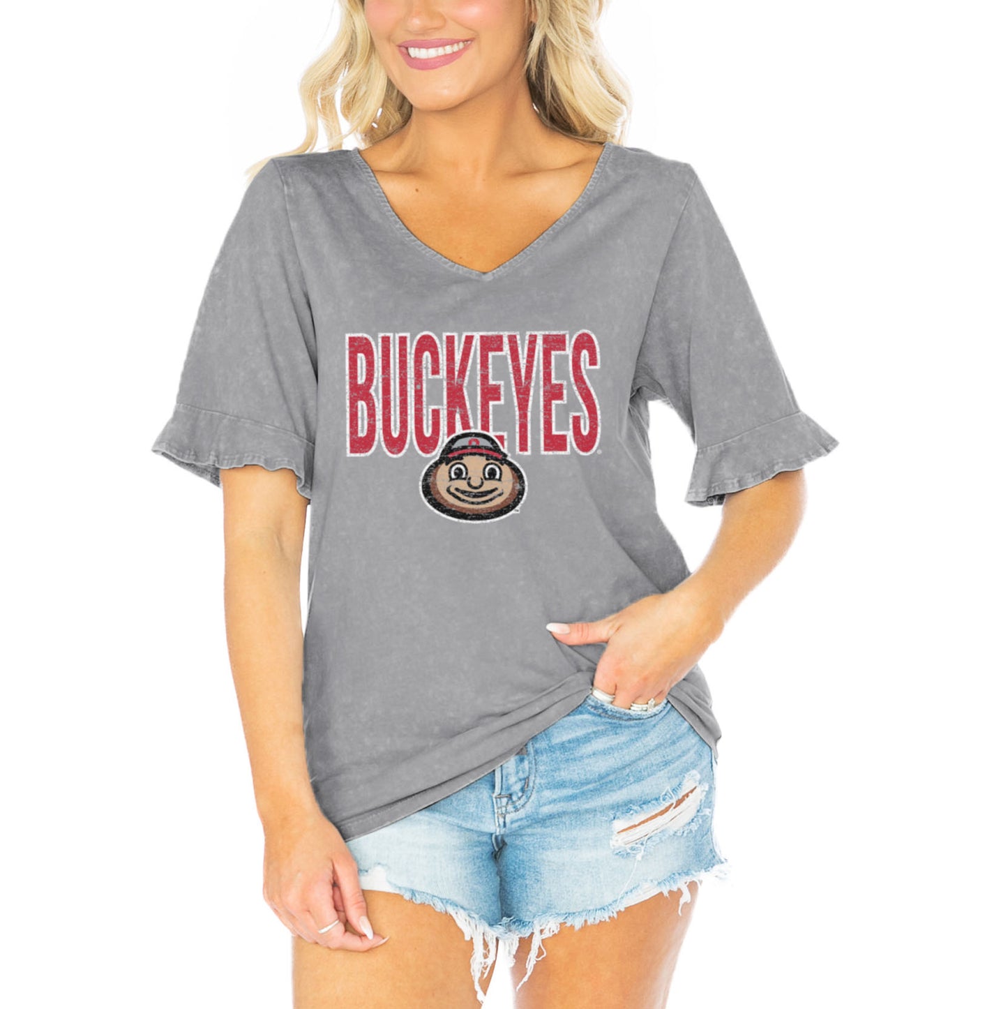 Women's Gameday Couture  Gray Ohio State Buckeyes Class Act V-Neck T-Shirt