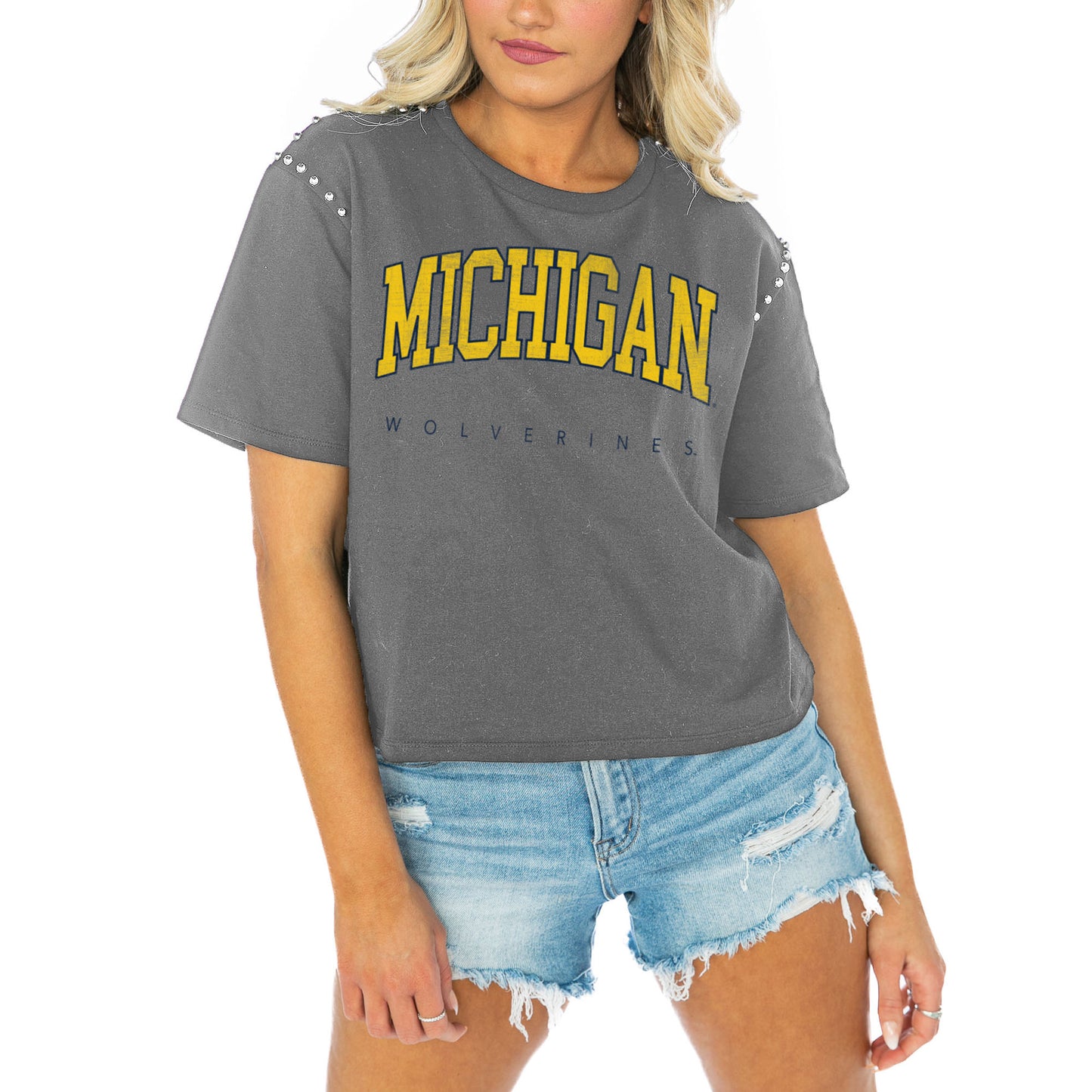 Women's Gameday Couture  Gray Michigan Wolverines After Party Cropped T-Shirt