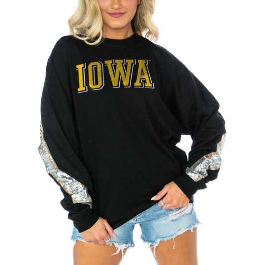 Women's Gameday Couture  Black Iowa Hawkeyes Guess Who's Back Long Sleeve T-Shirt