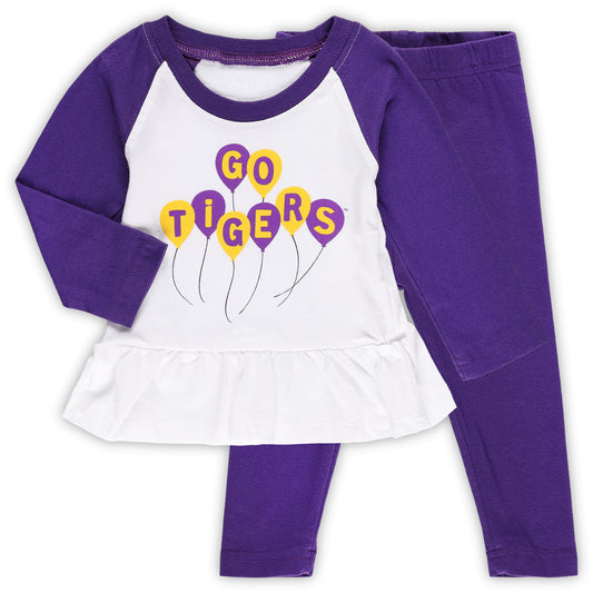 Girls Infant Wes & Willy Purple/White LSU Tigers Balloon Raglan 3/4-Sleeve T-Shirt & Leggings Set