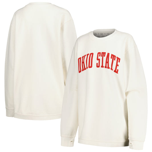 Women's Pressbox White Ohio State Buckeyes Comfy Corded Vintage Wash Basic Arch Pullover Sweatshirt