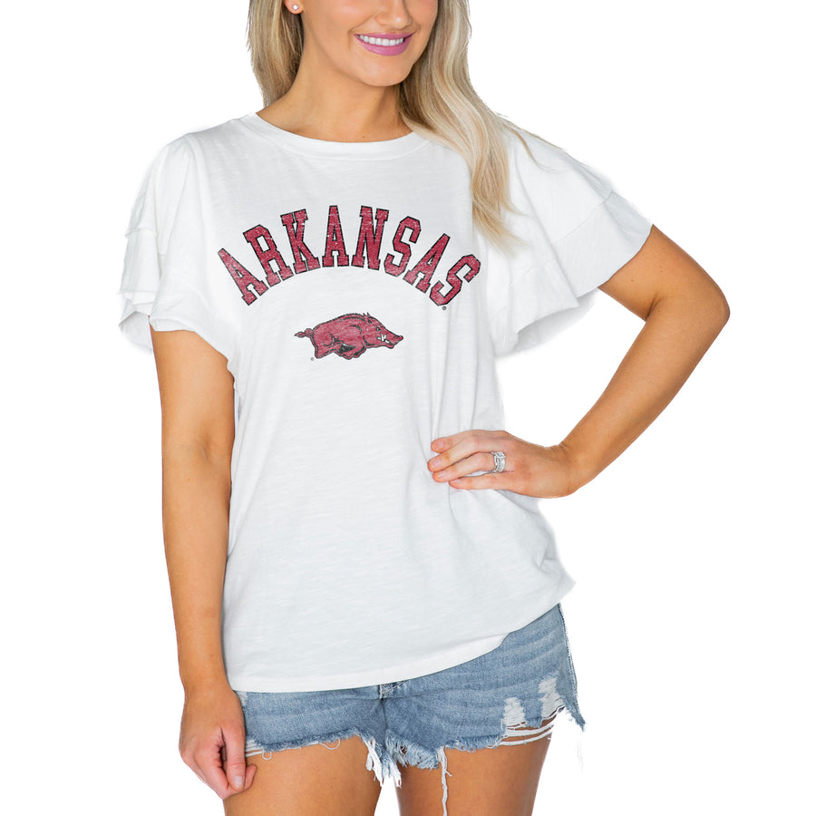 Women's Gameday Couture  White Arkansas Razorbacks Arch Logo Flutter Sleeve Lightweight T-Shirt