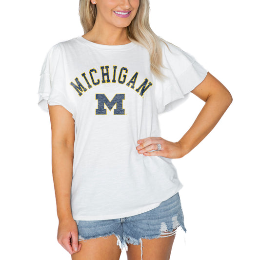 Women's Gameday Couture  White Michigan Wolverines Arch Logo Flutter Sleeve Lightweight T-Shirt