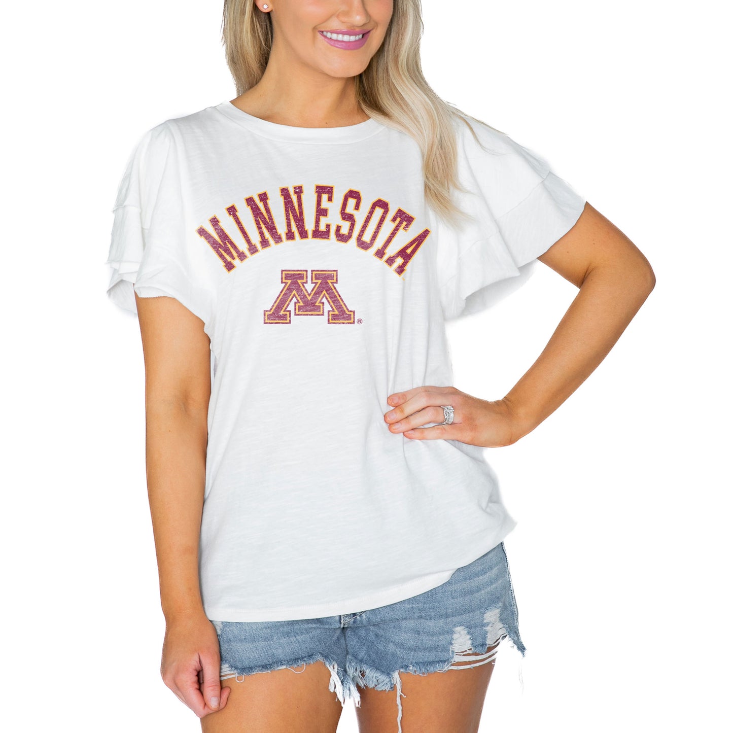 Women's Gameday Couture  White Minnesota Golden Gophers Arch Logo Flutter Sleeve Lightweight T-Shirt