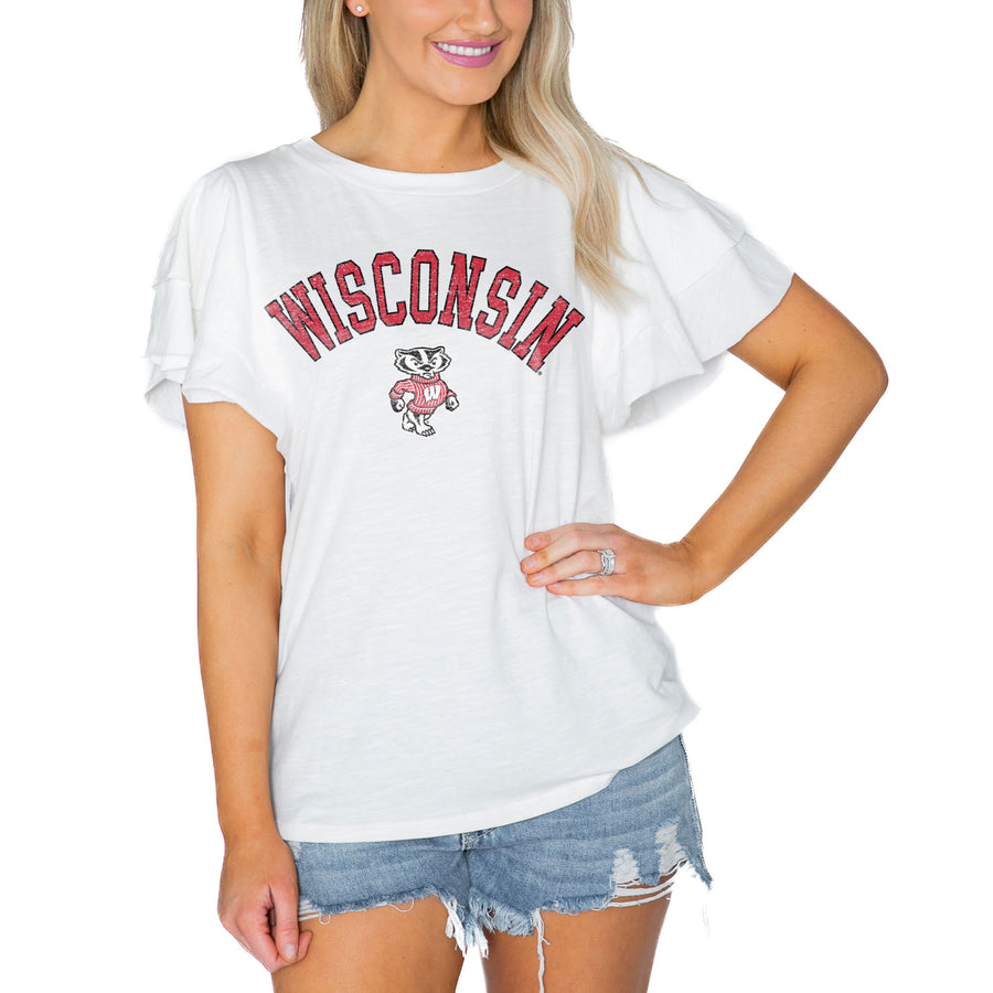 Women's Gameday Couture  White Wisconsin Badgers Arch Logo Flutter Sleeve Lightweight T-Shirt