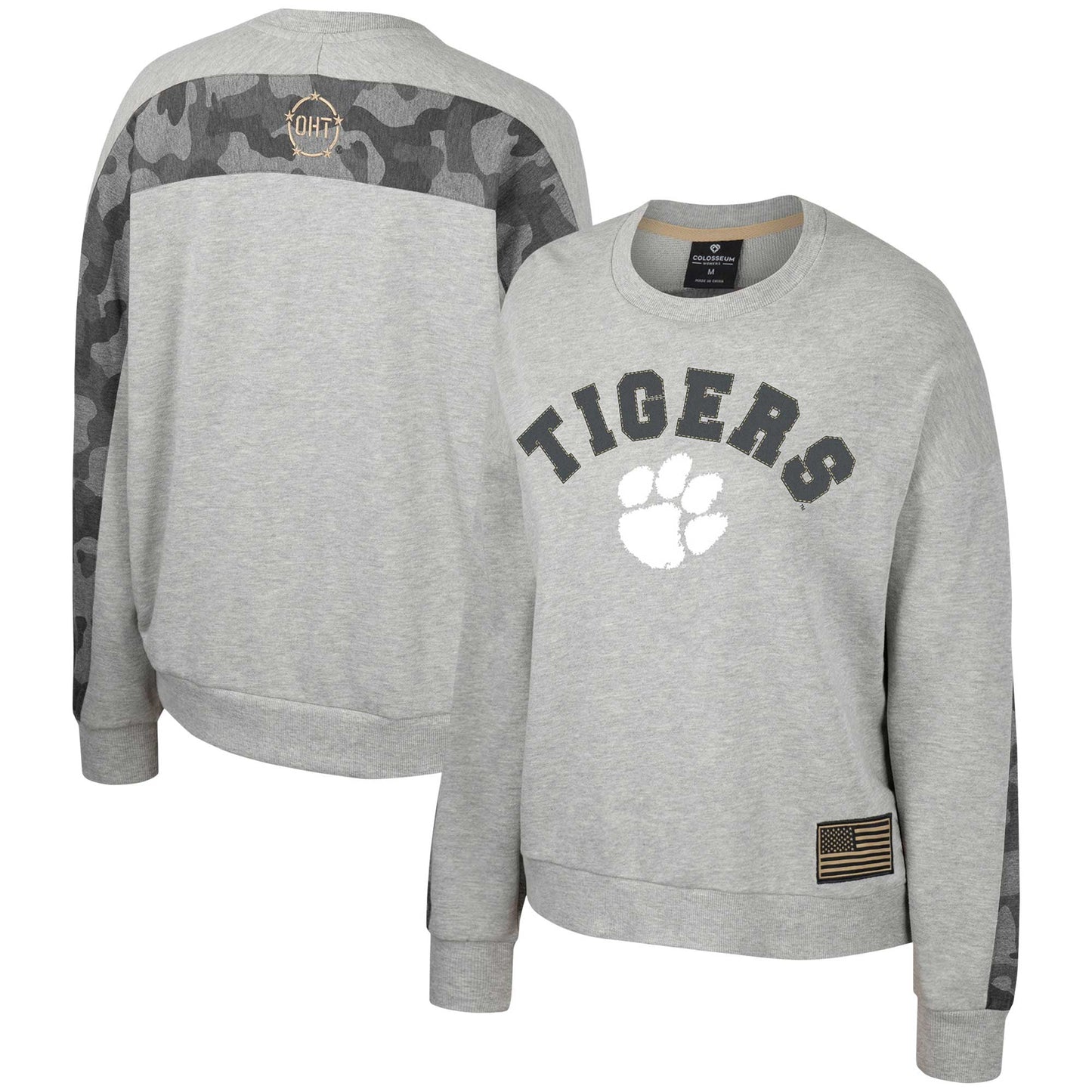 Women's Colosseum Heather Gray Clemson Tigers OHT Military Appreciation Flag Rank Dolman Pullover Sweatshirt