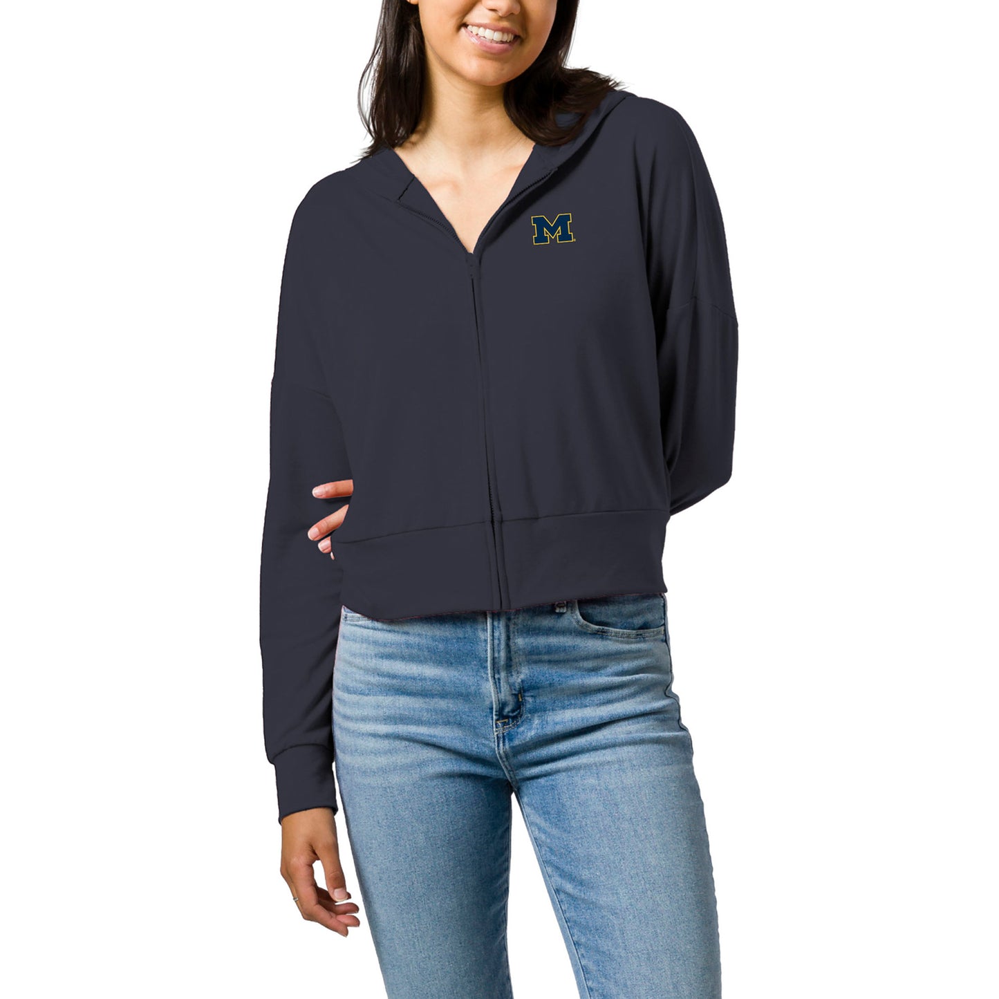 Women's League Collegiate Wear  Navy Michigan Wolverines All Day Midi Full-Zip Cropped Hoodie