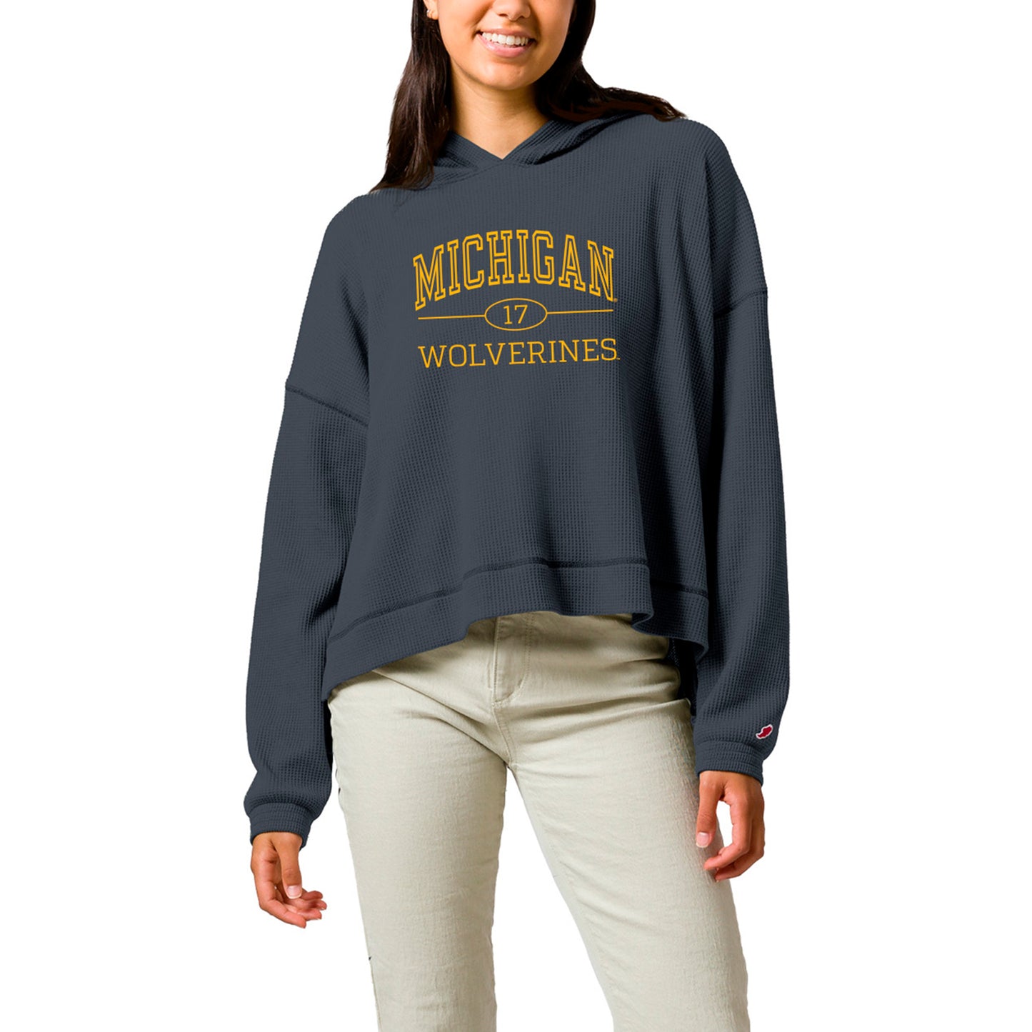 Women's League Collegiate Wear  Navy Michigan Wolverines Waffle Long Sleeve Hoodie T-Shirt