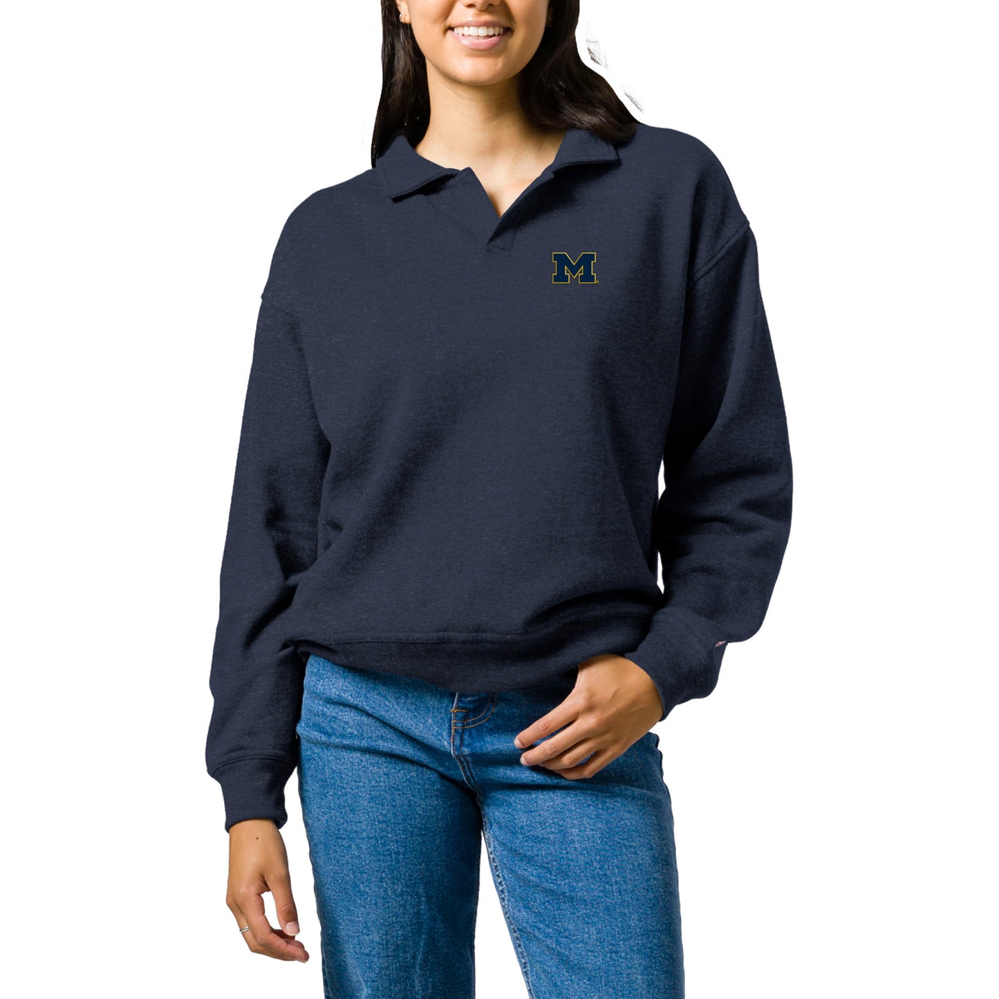 Women's League Collegiate Wear  Heather Navy Michigan Wolverines Victory Springs Tri-Blend Collared Pullover Sweatshirt