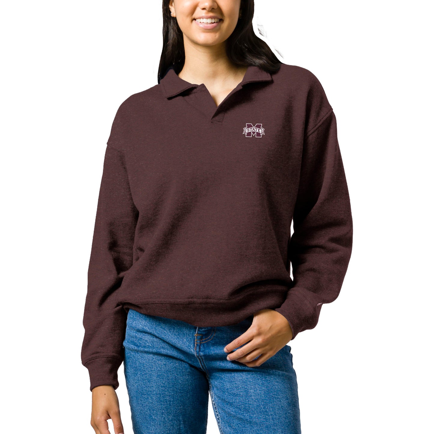 Women's League Collegiate Wear  Heather Maroon Mississippi State Bulldogs Victory Springs Tri-Blend Collared Pullover Sweatshirt