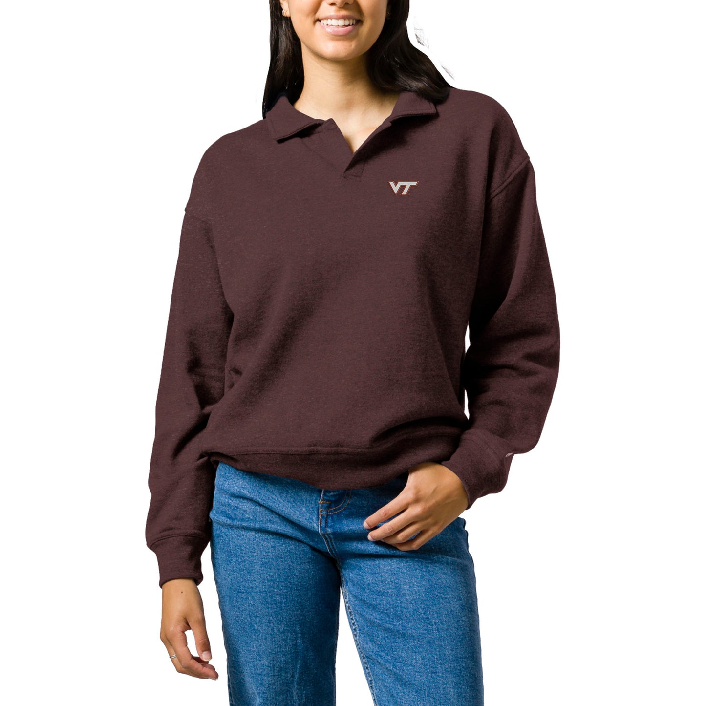 Women's League Collegiate Wear  Heather Maroon Virginia Tech Hokies Victory Springs Tri-Blend Collared Pullover Sweatshirt