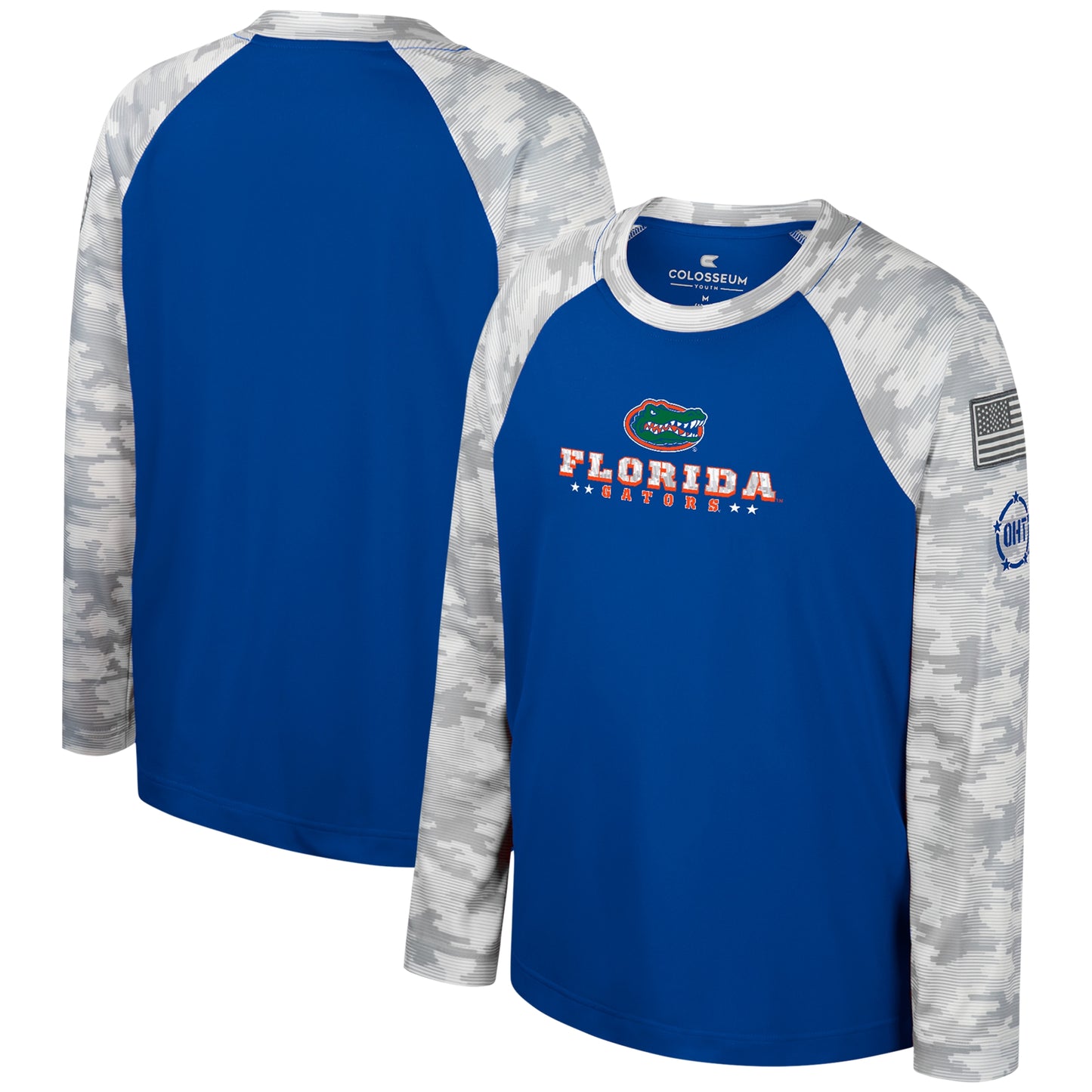 Youth Colosseum Royal/Camo Florida Gators OHT Military Appreciation Dark Star Raglan Long Sleeve T-Shirt