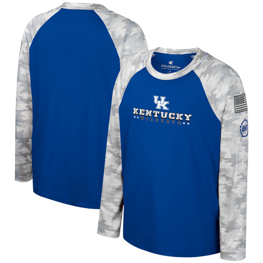 Youth Colosseum Royal/Camo Kentucky Wildcats OHT Military Appreciation Dark Star Raglan Long Sleeve T-Shirt