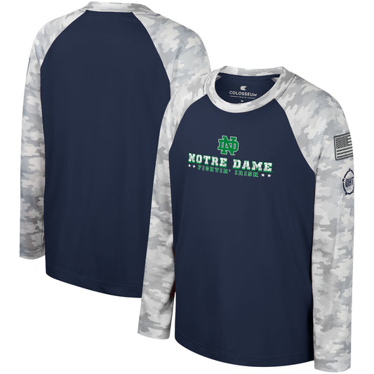 Youth Colosseum Navy/Camo Notre Dame Fighting Irish OHT Military Appreciation Dark Star Raglan Long Sleeve T-Shirt