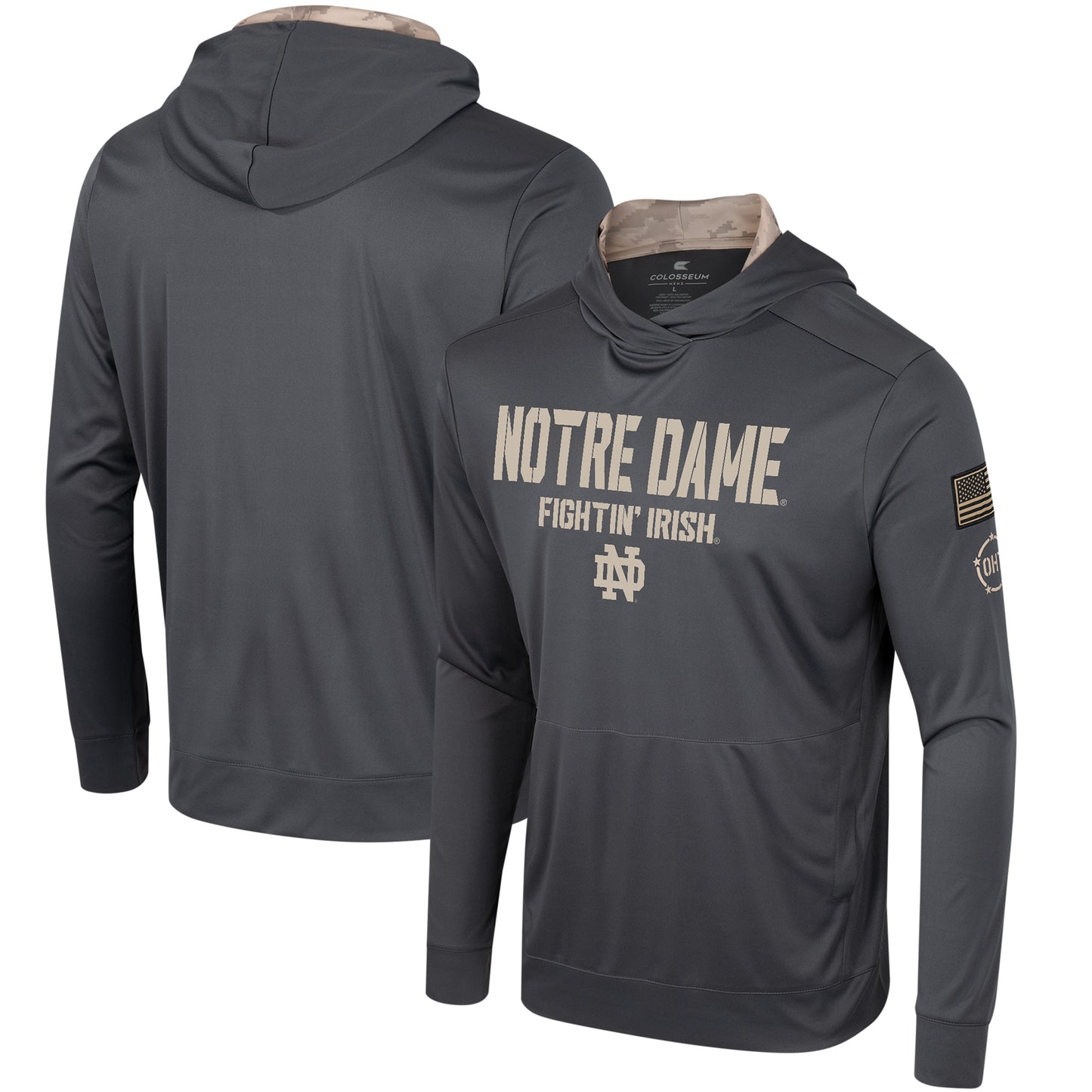 Men's Colosseum Charcoal Notre Dame Fighting Irish OHT Military Appreciation Long Sleeve Hoodie T-Shirt