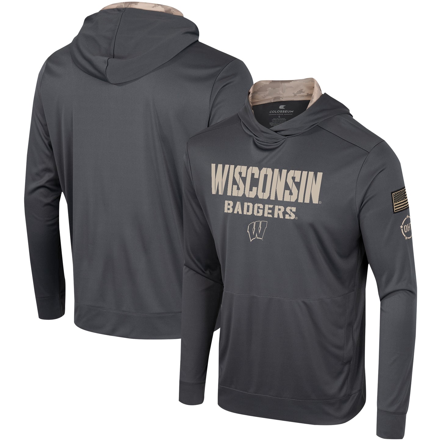 Men's Colosseum Charcoal Wisconsin Badgers OHT Military Appreciation Long Sleeve Hoodie T-Shirt