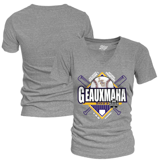 Women's Blue 84 Heather Gray LSU Tigers 2023 NCAA Men's Baseball College World Series Champions Local V-Neck Tri-Blend T-Shirt