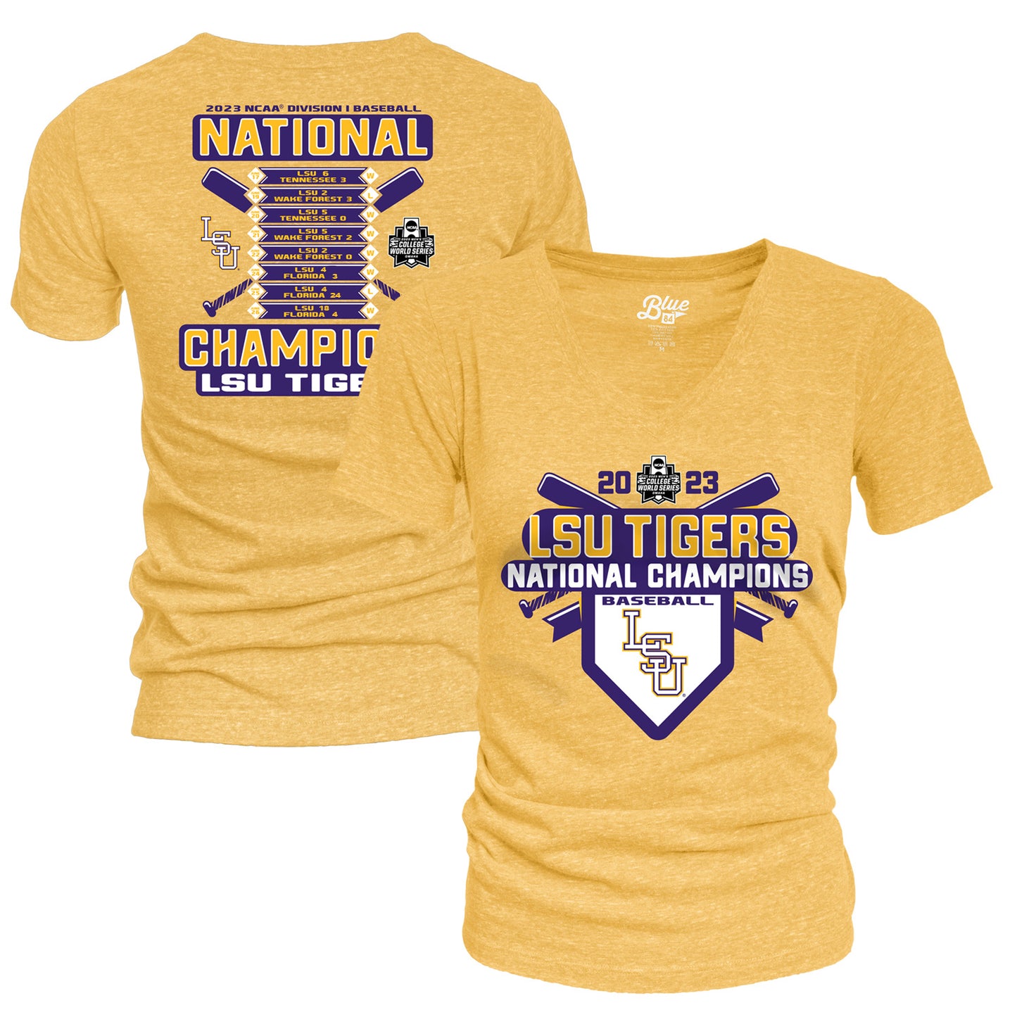 Women's Blue 84 Gold LSU Tigers 2023 NCAA Men's Baseball College World Series Champions Schedule V-Neck Tri-Blend T-Shirt