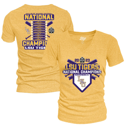 Women's Blue 84 Gold LSU Tigers 2023 NCAA Men's Baseball College World Series Champions Schedule V-Neck Tri-Blend T-Shirt