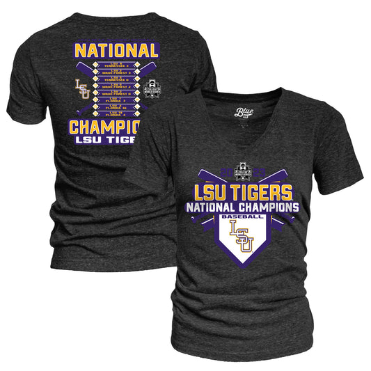 Women's Blue 84 Black LSU Tigers 2023 NCAA Men's Baseball College World Series Champions Schedule V-Neck Tri-Blend T-Shirt