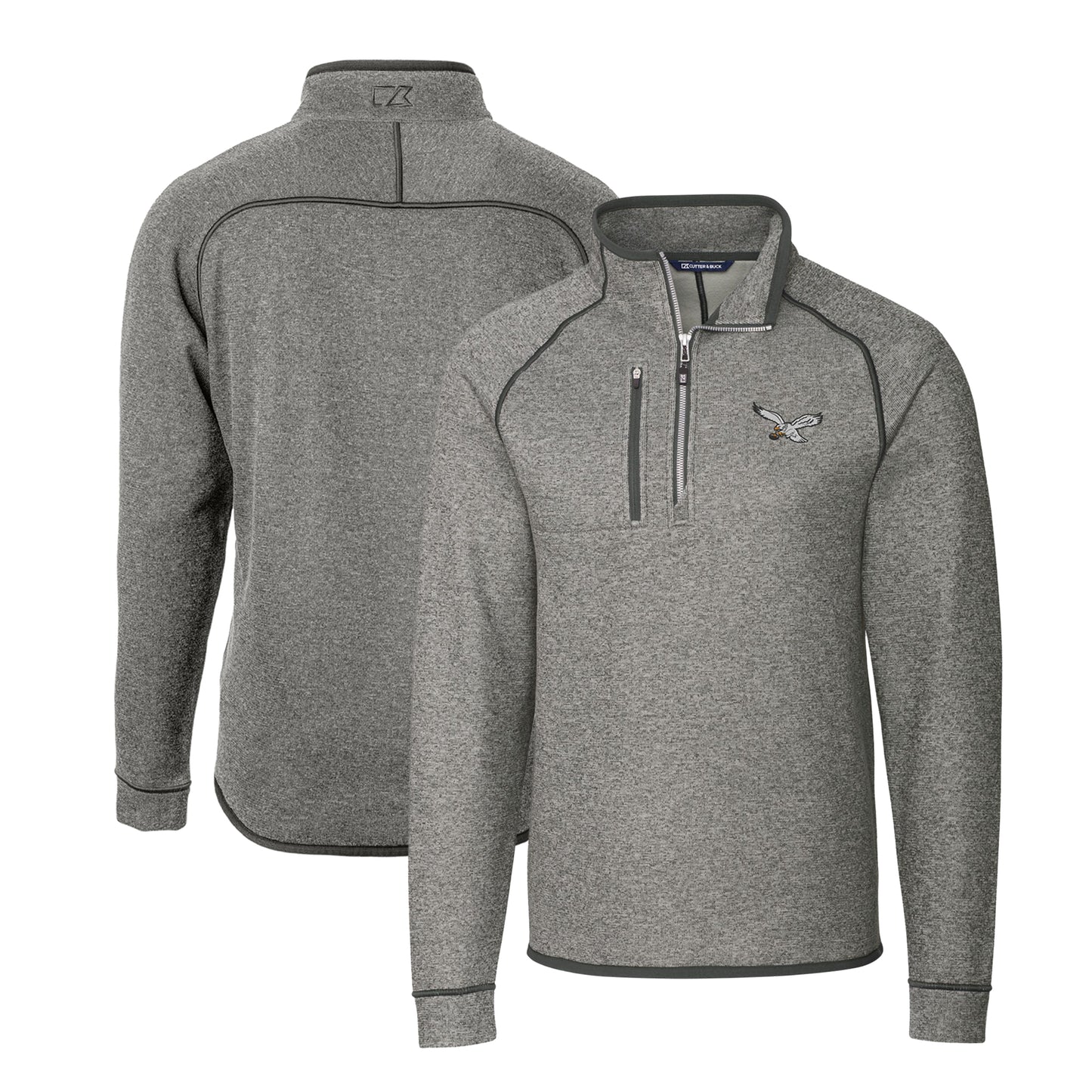 Men's Cutter & Buck  Heather Gray Philadelphia Eagles Gridiron Classics Big & Tall Mainsail Sweater-Knit Half-Zip Pullover Jacket