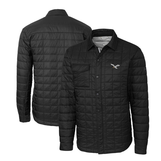 Men's Cutter & Buck  Black Philadelphia Eagles Gridiron Classics Big & Tall Rainier PrimaLoft Eco Insulated Quilted Button-Up Shacket