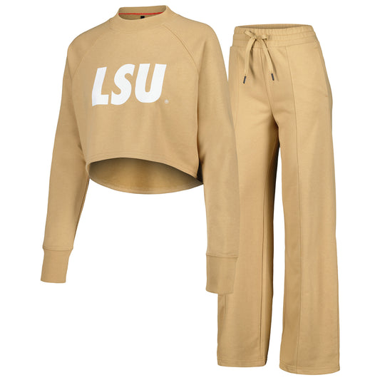 Women's Tan LSU Tigers Raglan Cropped Sweatshirt & Sweatpants Set