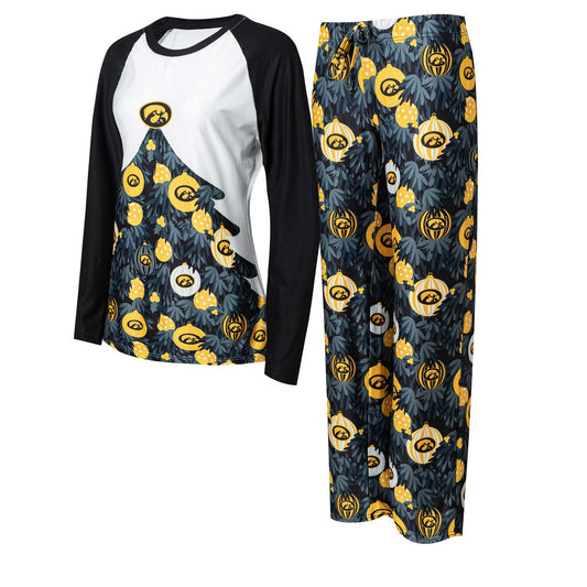 Women's Concepts Sport Black Iowa Hawkeyes Tinsel Ugly Sweater Long Sleeve T-Shirt & Pants Sleep Set