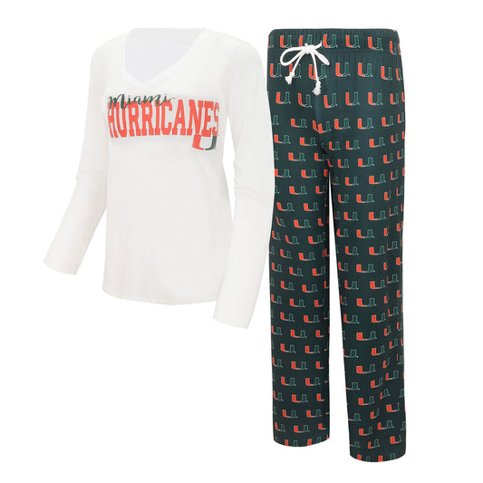 Women's Concepts Sport  White/Green Miami Hurricanes Long Sleeve V-Neck T-Shirt & Gauge Pants Sleep Set