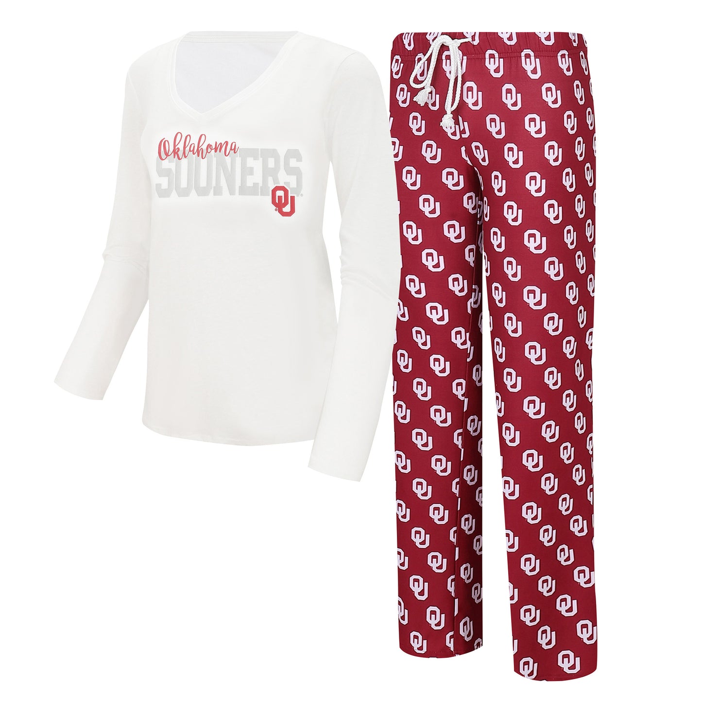 Women's Concepts Sport  White/Crimson Oklahoma Sooners Long Sleeve V-Neck T-Shirt & Gauge Pants Sleep Set