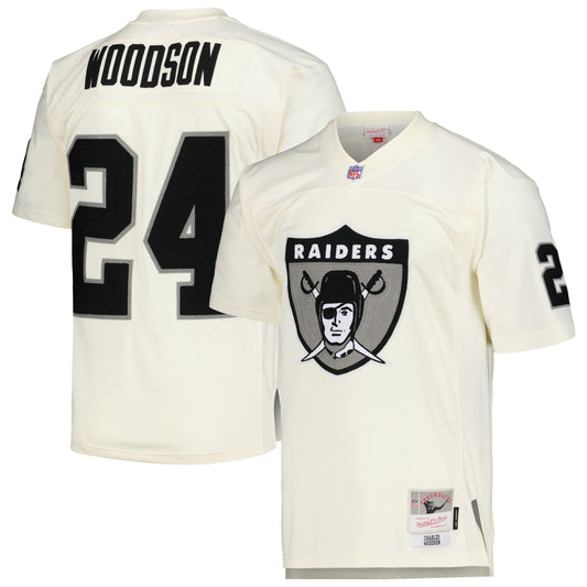 Men's Mitchell & Ness Charles Woodson Cream Las Vegas Raiders Chainstitch Legacy Jersey