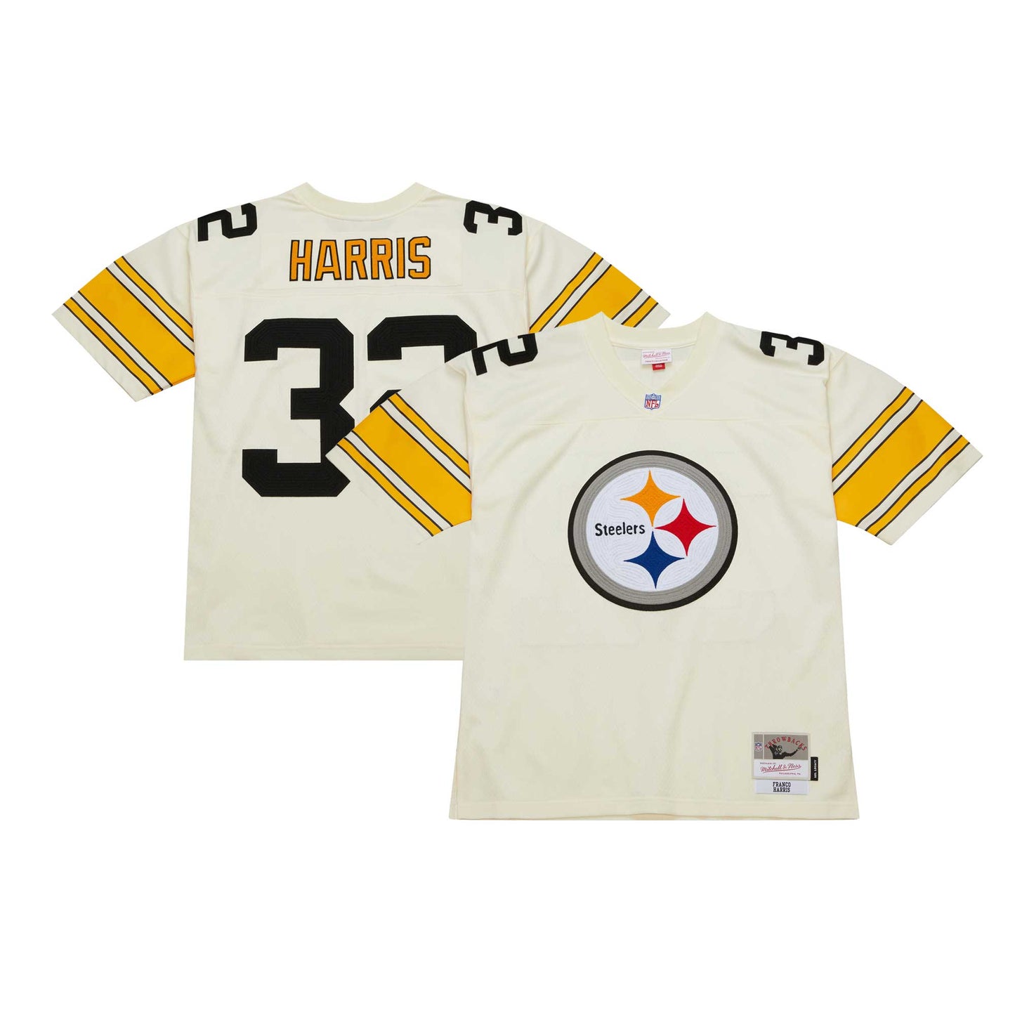 Men's Mitchell & Ness Franco Harris Cream Pittsburgh Steelers Chainstitch Legacy Jersey