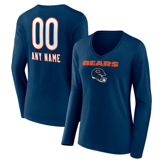 Women's Navy Chicago Bears Personalized Name & Number Team Wordmark Long Sleeve V-Neck T-Shirt