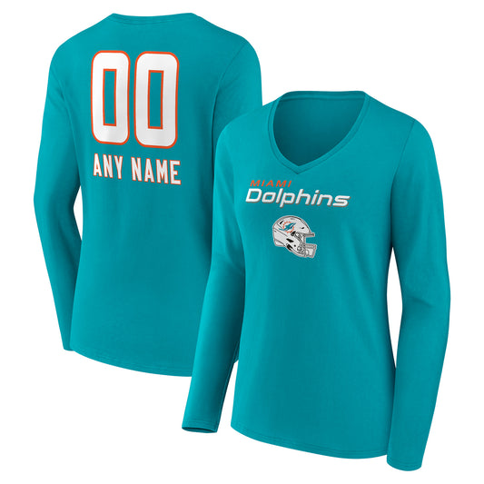 Women's Aqua Miami Dolphins Personalized Name & Number Team Wordmark Long Sleeve V-Neck T-Shirt