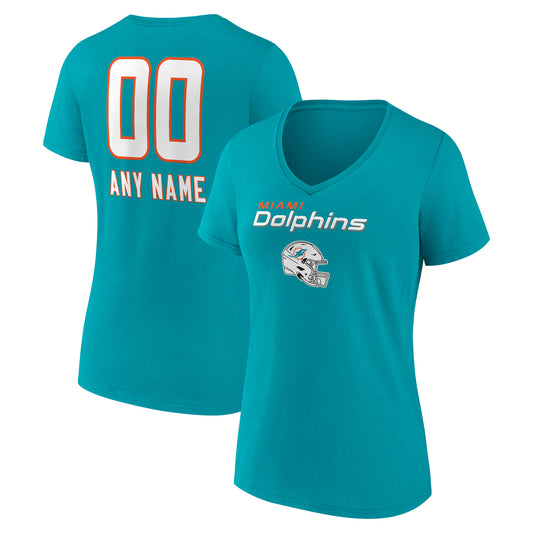 Women's Aqua Miami Dolphins Personalized Name & Number Team Wordmark V-Neck T-Shirt