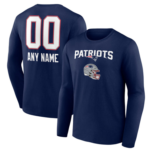 Men's Navy New England Patriots Personalized Name & Number Team Wordmark Long Sleeve T-Shirt