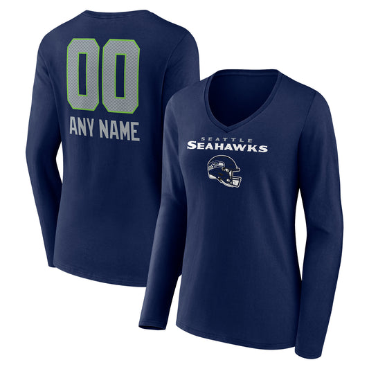 Women's College Navy Seattle Seahawks Personalized Name & Number Team Wordmark Long Sleeve V-Neck T-Shirt