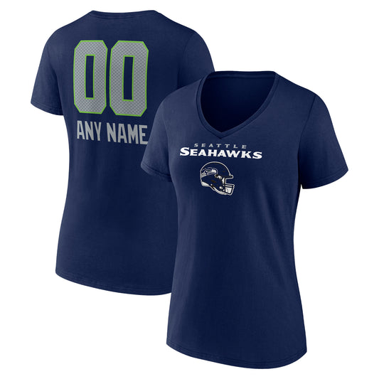 Women's College Navy Seattle Seahawks Personalized Name & Number Team Wordmark V-Neck T-Shirt