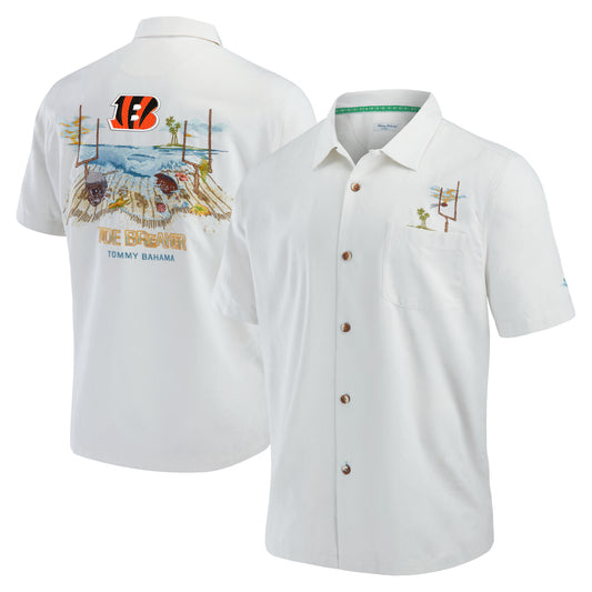 Men's Tommy Bahama  White Cincinnati Bengals Tide Breaker IslandZone Camp Button-Up Shirt