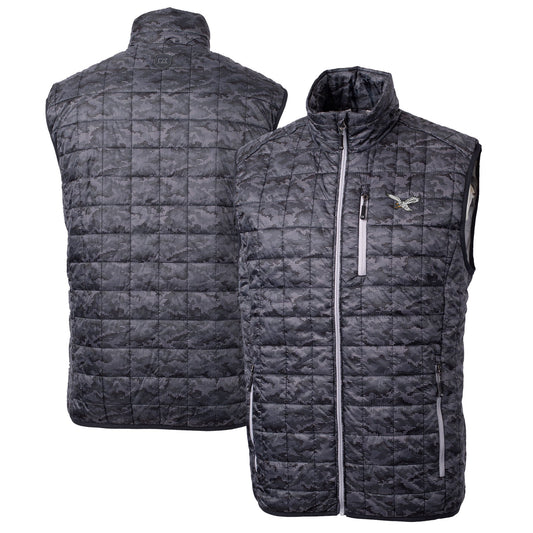 Men's Cutter & Buck Black Philadelphia Eagles Rainier PrimaLoft Eco Insulated Printed Full-Zip Puffer Vest