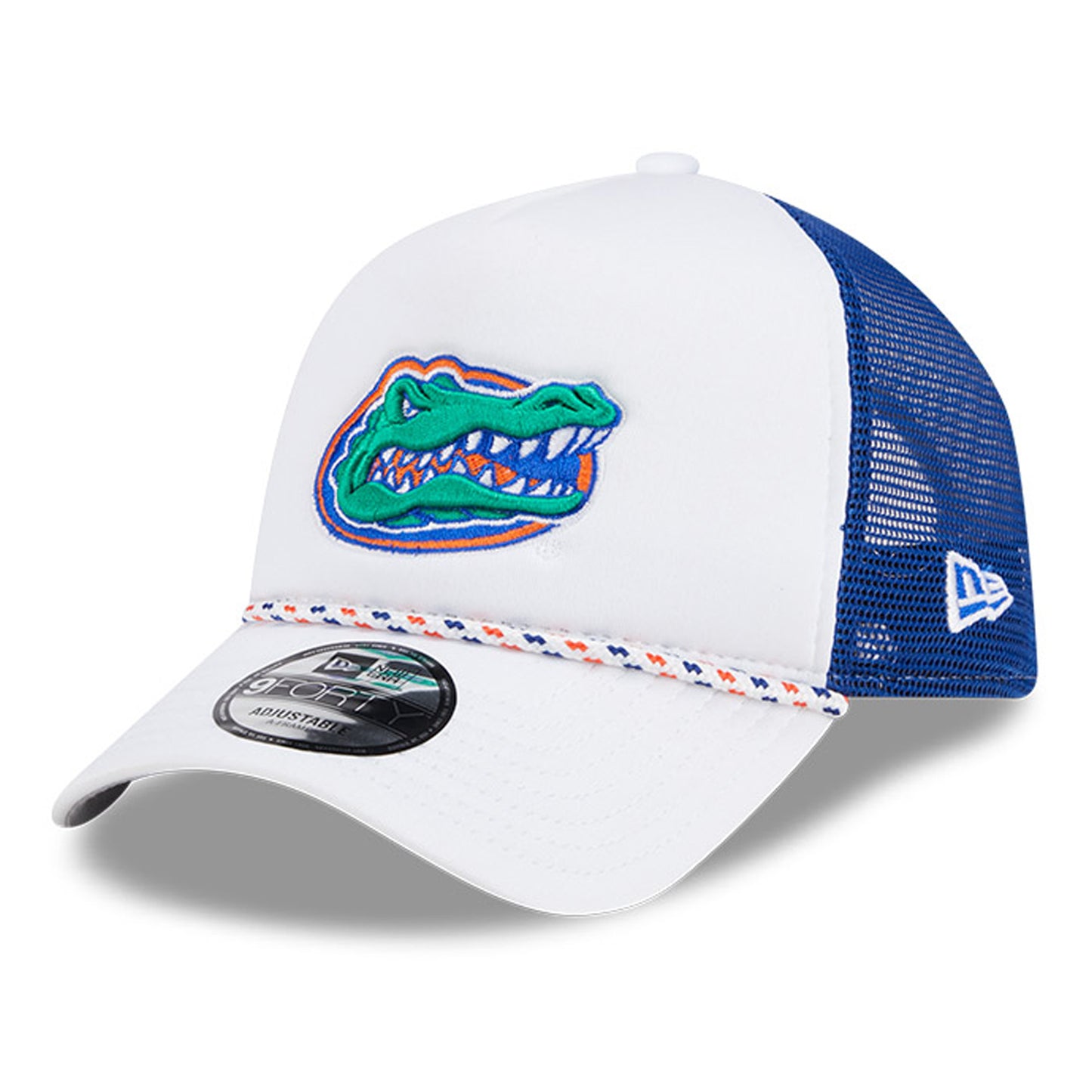 Men's New Era White/Royal Florida Gators Court Sport Foam A-Frame 9FORTY Adjustable Trucker Hat