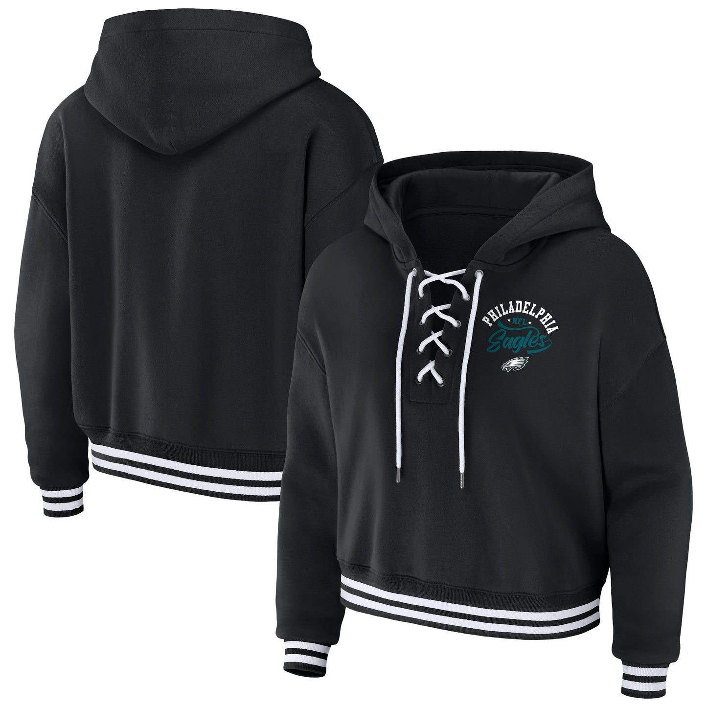 Women's WEAR by Erin Andrews Black Philadelphia Eagles Lace-Up Pullover Hoodie