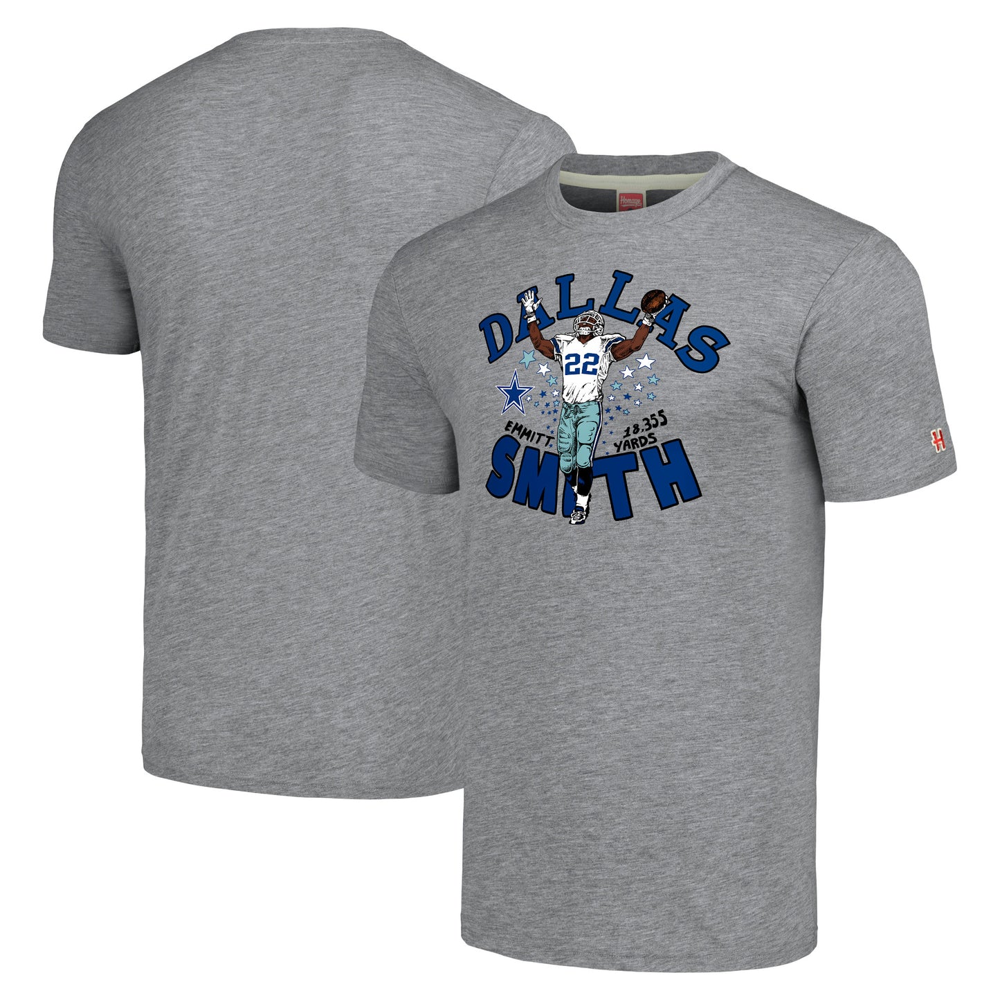 Men's Homage  Emmitt Smith Heathered Gray Dallas Cowboys  Caricature Retired Player Tri-Blend T-Shirt