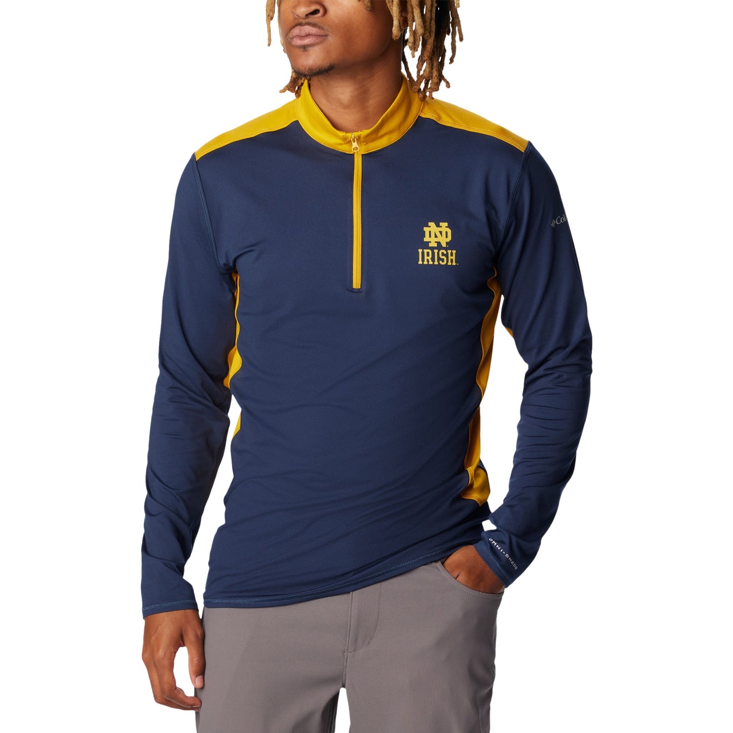 Men's Columbia Navy Notre Dame Fighting Irish Tech Trail™ Omni-Shade Quarter-Zip Top