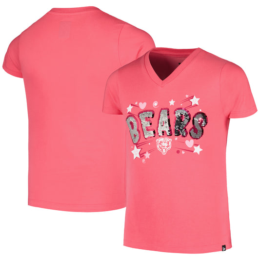 Youth New Era Pink Chicago Bears Flip Sequins V-Neck T-Shirt