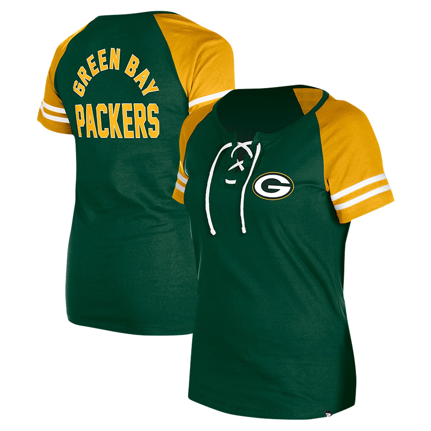 Women's New Era Green Green Bay Packers  Lace-Up Raglan T-Shirt