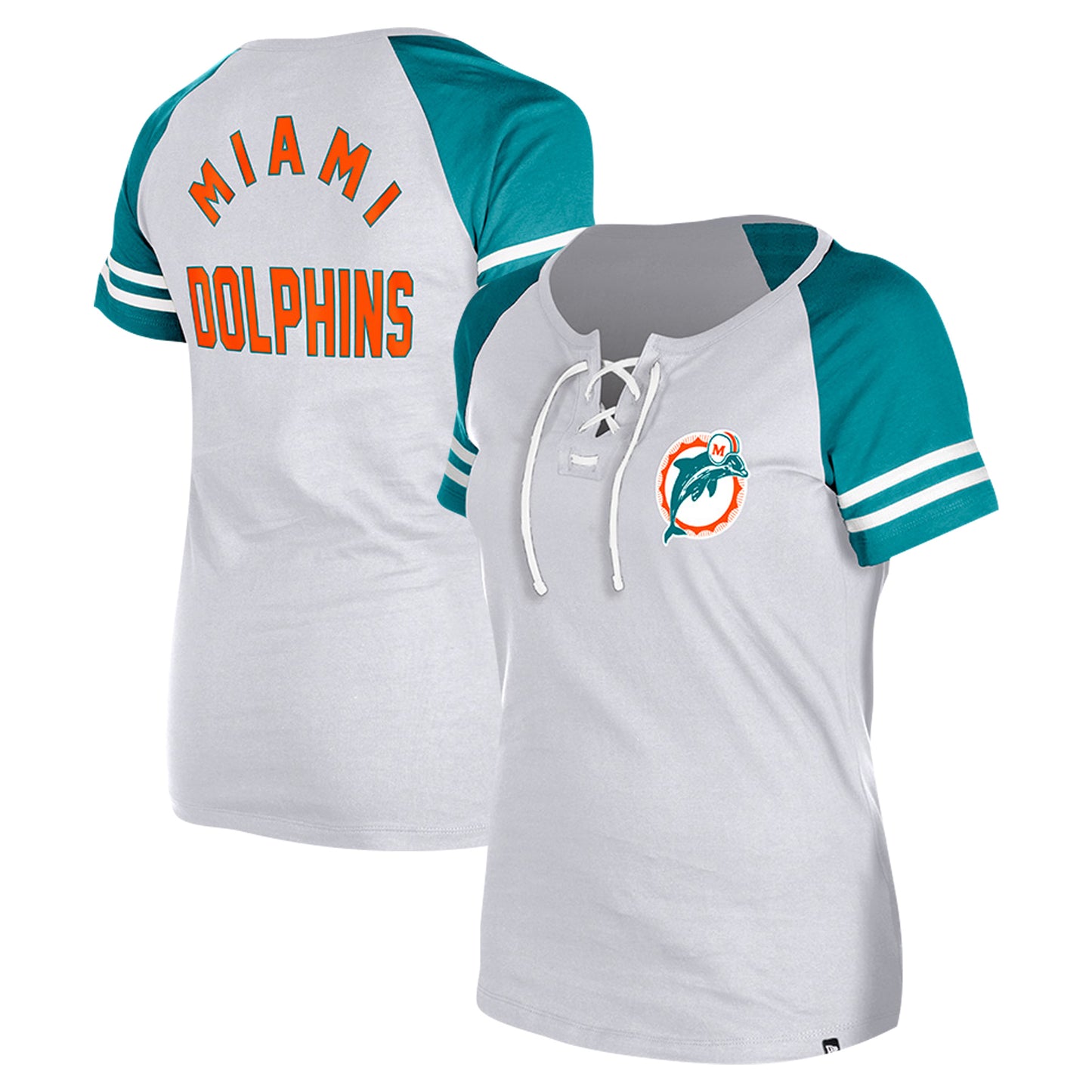 Women's New Era Gray Miami Dolphins Throwback Lace-Up Raglan T-Shirt